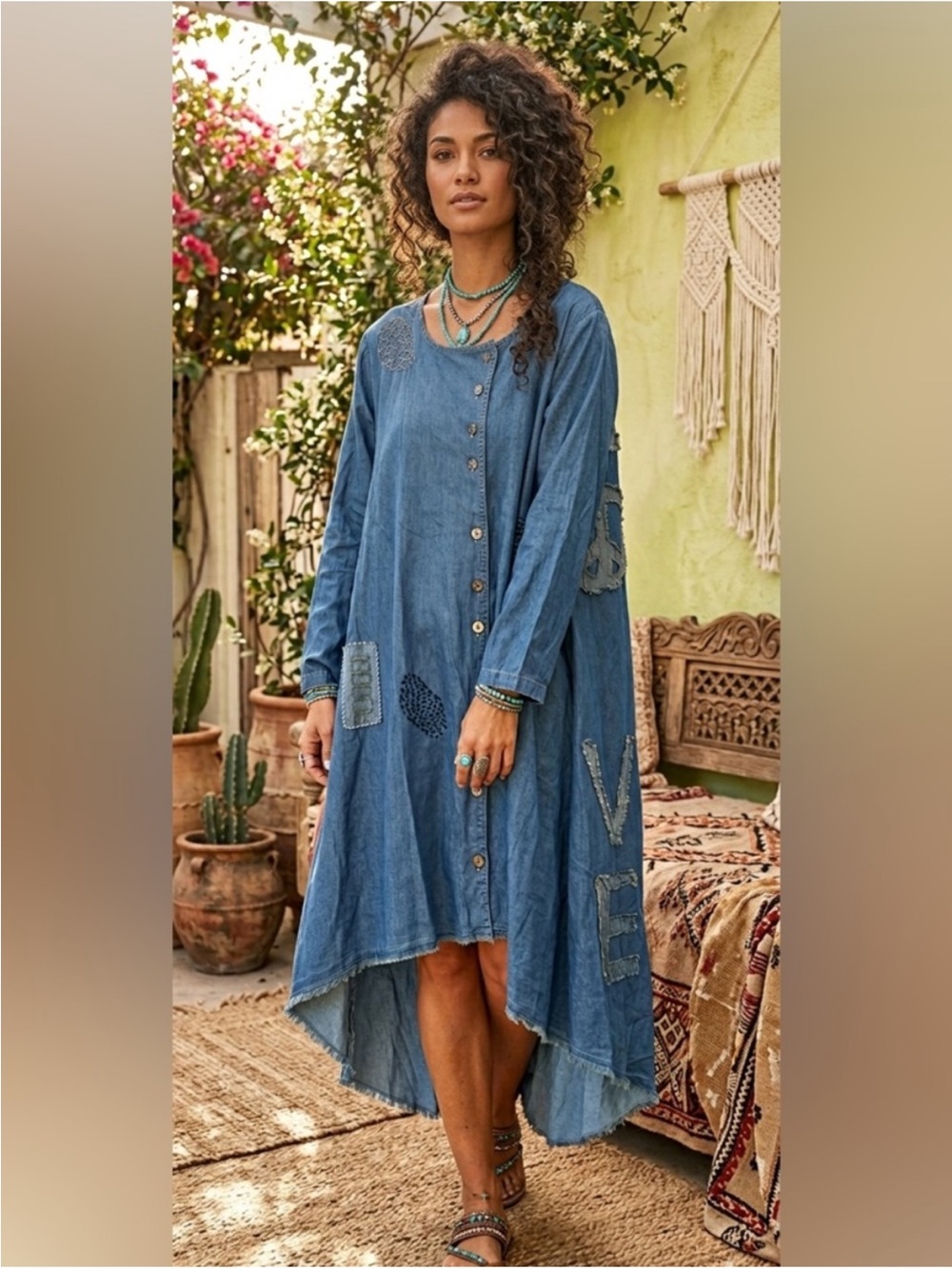 Paper Lace Denim Lagenlook Art to Wear Lightweight Duster Love Patch Jacket Sm
